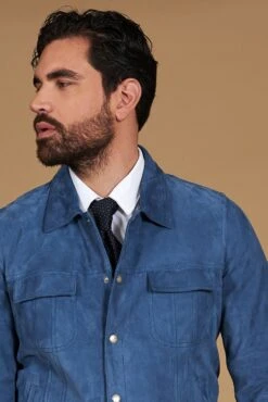 Denim Blau Wildlederjacke Mit Druckknöpfen Am Hemdkragen -D’ARIENZO Verkäufe lederjacke fur herren bikerjacke echte leder blau denim Adam 2