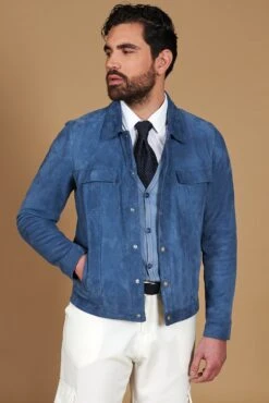 Denim Blau Wildlederjacke Mit Druckknöpfen Am Hemdkragen