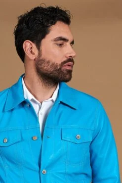 Türkisfarbene Bikerlederjacke Knöpfen Und Hemdkragen -D’ARIENZO Verkäufe lederjacke fur herren bikerjacke echte leder t rkisfarbene Akyo 2