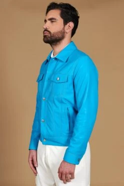 Türkisfarbene Bikerlederjacke Knöpfen Und Hemdkragen -D’ARIENZO Verkäufe lederjacke fur herren bikerjacke echte leder t rkisfarbene Akyo 4