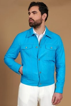Türkisfarbene Bikerlederjacke Knöpfen Und Hemdkragen -D’ARIENZO Verkäufe lederjacke fur herren bikerjacke echte leder t rkisfarbene Akyo 5
