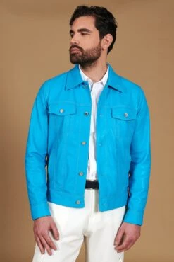 Türkisfarbene Bikerlederjacke Knöpfen Und Hemdkragen -D’ARIENZO Verkäufe lederjacke fur herren bikerjacke echte leder t rkisfarbene Akyo 6