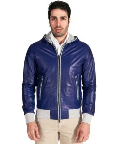 Electriches Blau Lederjacke Lammnappa Mit Kapuze