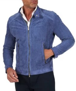 Blaue Denim Perforierte Lederjacke Koreanischem Kragen