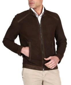 Dunkelbraune Perforierte Lederjacke Koreanischem Kragen