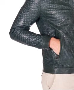 Grüne Gelaserte Perforierte Lederjacke Koreanischem Kragen -D’ARIENZO Verkäufe lederjacke fur herren gelaserte Lederjacke echtes leder grune Ted 11