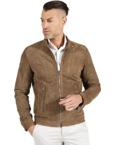 Taupe Perforierte Wildlederjacke Koreanischem Kragen