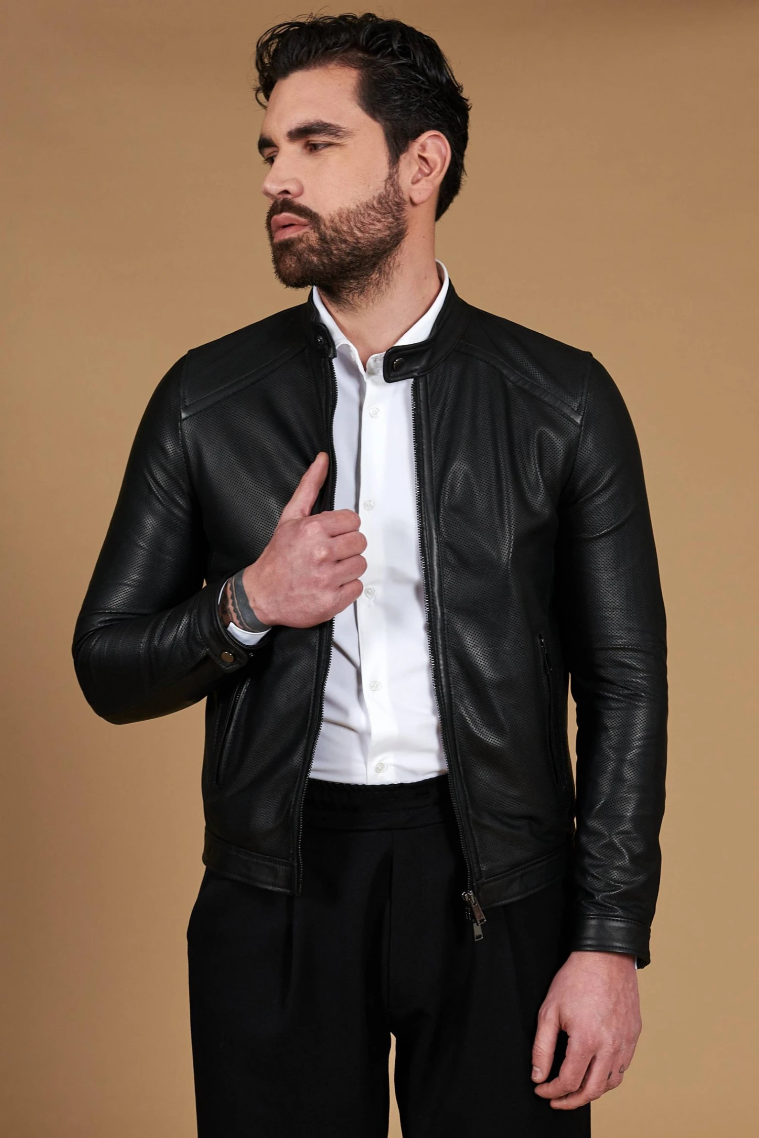 Schwarze Perforiertes Lederjacke Glatte-Effekt 5 Schwarze Perforiertes Lederjacke Glatte-Effekt – Bild 5