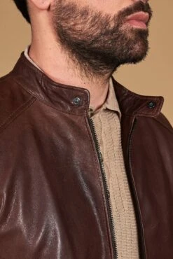 Dunkelbraune Vintage Biker Lederjacke Koreanisches Kragen -D’ARIENZO Verkäufe lederjacke fur herren vintage motorrad jacke echtes leder braune Ted 11