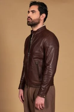 Dunkelbraune Vintage Biker Lederjacke Koreanisches Kragen -D’ARIENZO Verkäufe lederjacke fur herren vintage motorrad jacke echtes leder braune Ted 8