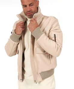 Cremefarben Lederjacke Falteneffekt Schaffellkragen -D’ARIENZO Verkäufe lederjacke fur manner bomber echtes leder cremefarben Aviator 2