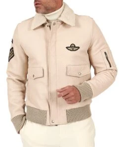 Cremefarben Lederjacke Falteneffekt Schaffellkragen