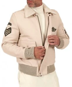 Cremefarben Lederjacke Falteneffekt Schaffellkragen -D’ARIENZO Verkäufe lederjacke fur manner bomber echtes leder cremefarben Aviator 5