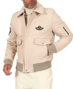 Cremefarben Lederjacke Falteneffekt Schaffellkragen -D’ARIENZO Verkäufe lederjacke fur manner bomber echtes leder cremefarben Aviator 6