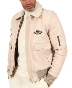 Cremefarben Lederjacke Falteneffekt Schaffellkragen -D’ARIENZO Verkäufe lederjacke fur manner bomber echtes leder cremefarben Aviator 8