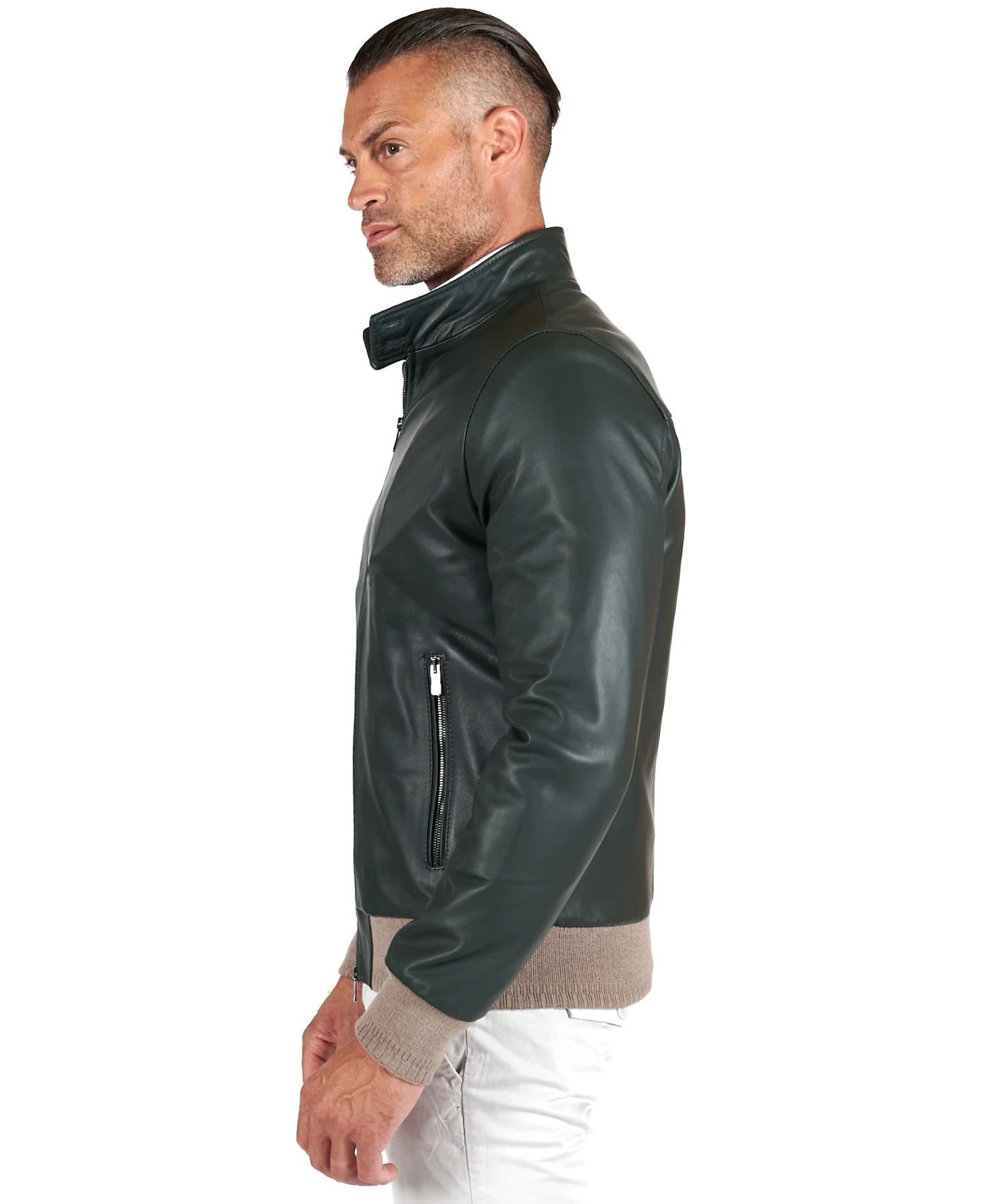 Bomber Grüne Naturleder Jacke Koreanische Kragen Mit Knöpfen 11 Bomber Grüne Naturleder Jacke Koreanische Kragen Mit Knöpfen – Bild 11