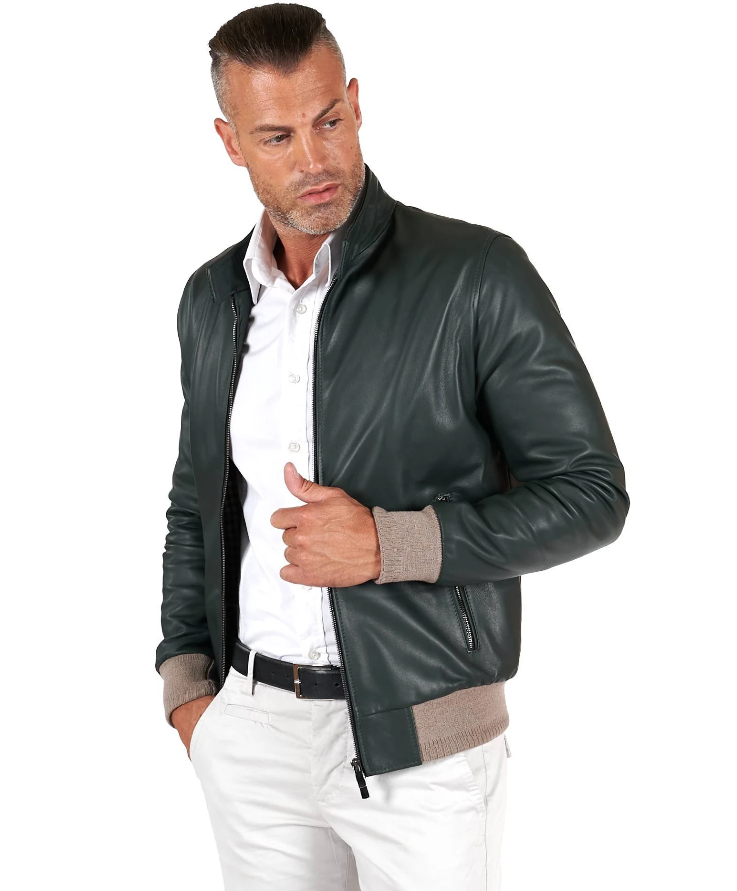 Bomber Grüne Naturleder Jacke Koreanische Kragen Mit Knöpfen 3 Bomber Grüne Naturleder Jacke Koreanische Kragen Mit Knöpfen – Bild 3