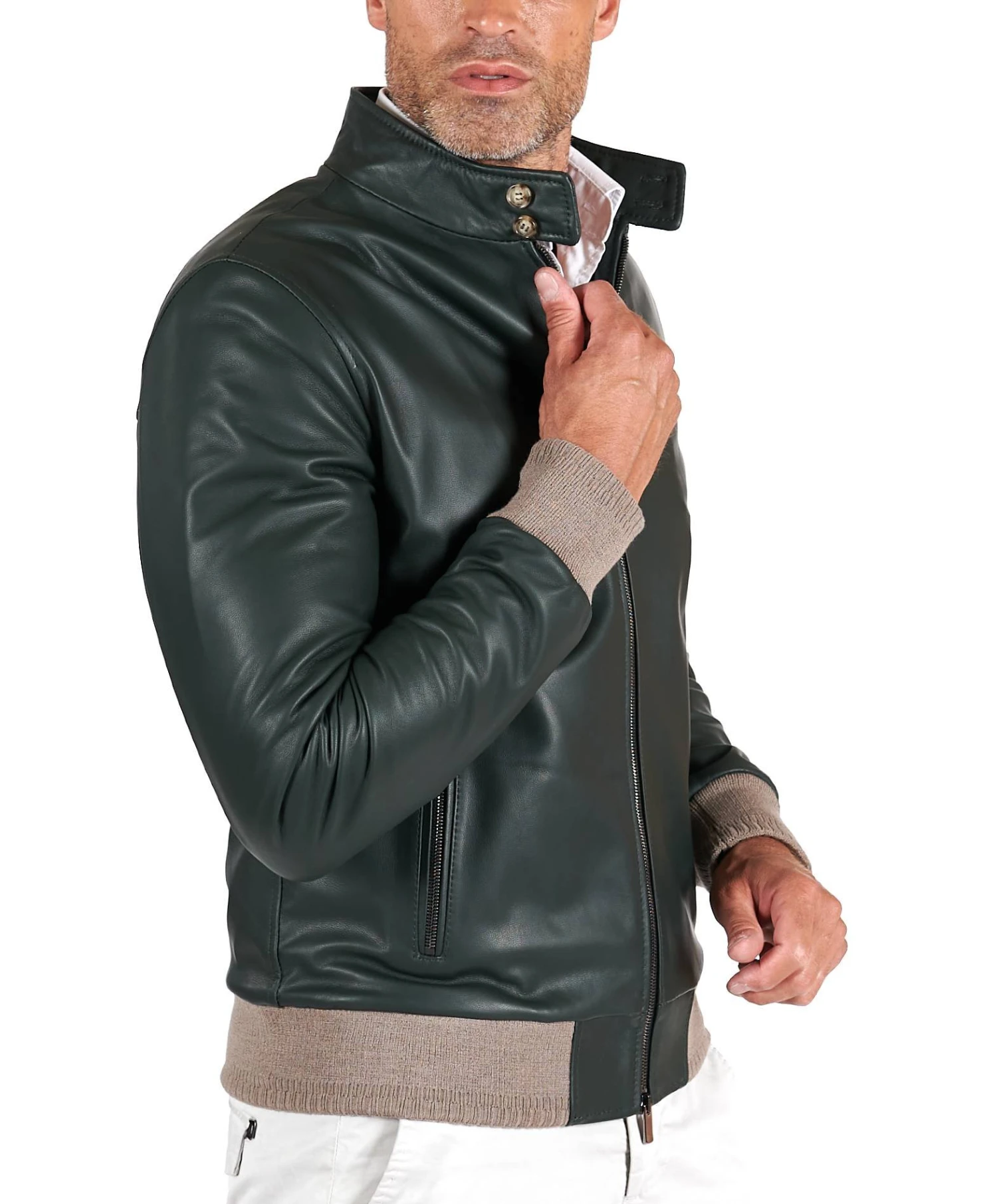 Bomber Grüne Naturleder Jacke Koreanische Kragen Mit Knöpfen 4 Bomber Grüne Naturleder Jacke Koreanische Kragen Mit Knöpfen – Bild 4