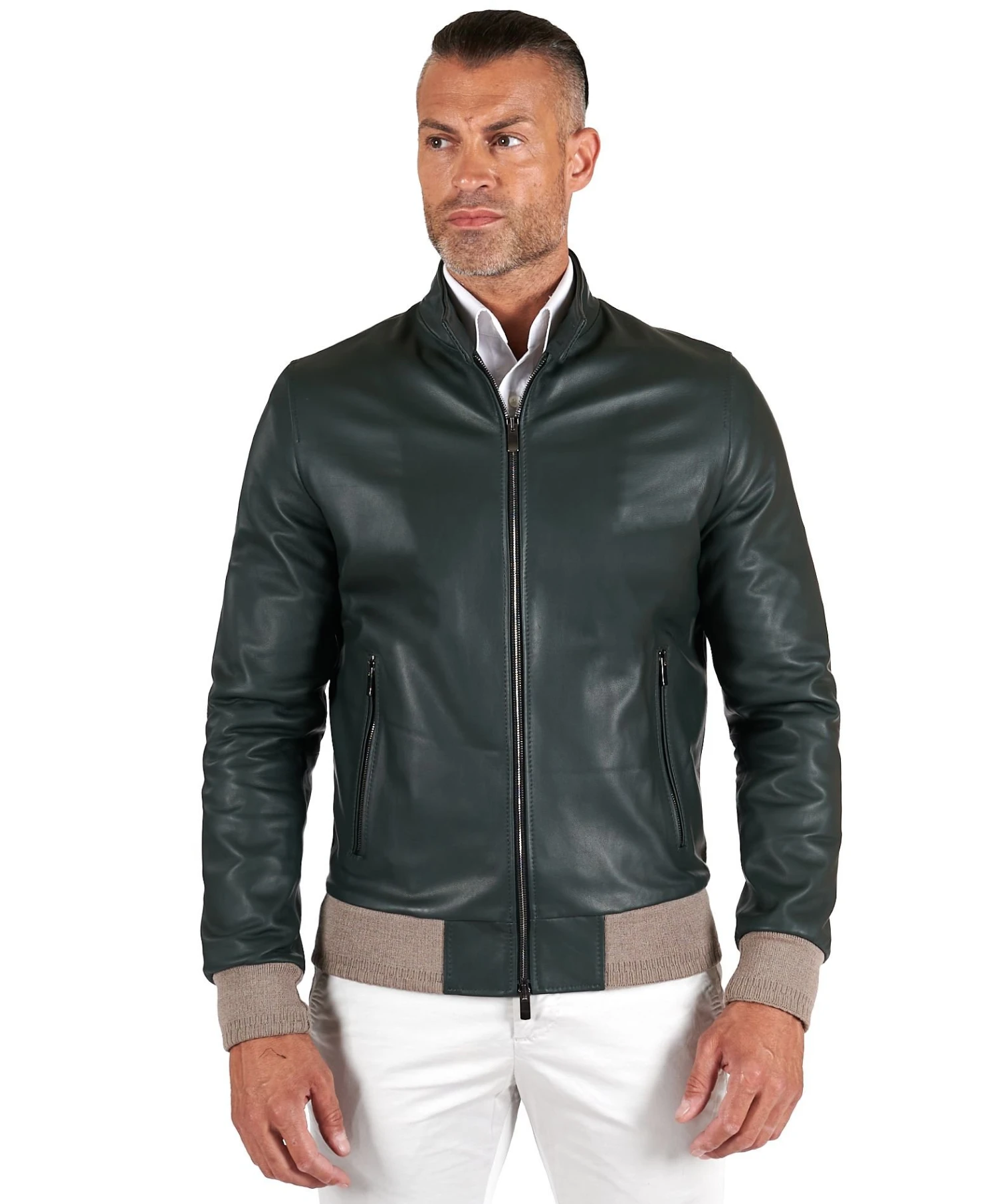 Bomber Grüne Naturleder Jacke Koreanische Kragen Mit Knöpfen 10 Bomber Grüne Naturleder Jacke Koreanische Kragen Mit Knöpfen – Bild 10