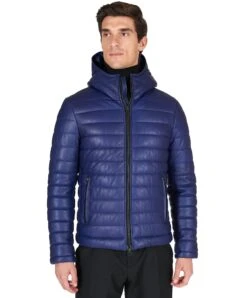 Blaue Daunenjacke Aus Leder Mit Kapuze