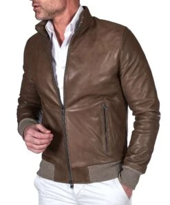 Bomber Taupefarbene Lederjacke Vintage-Effekt