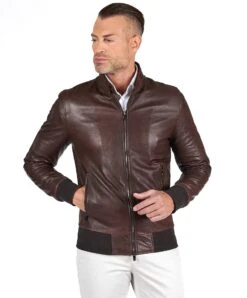 Bomber Dunkelbraune Vintage-leder Jacke Koreanische Kragen Mit Knöpfen