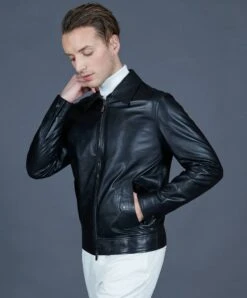 Schwarze Lederjacke Mit Hemdkragennähten