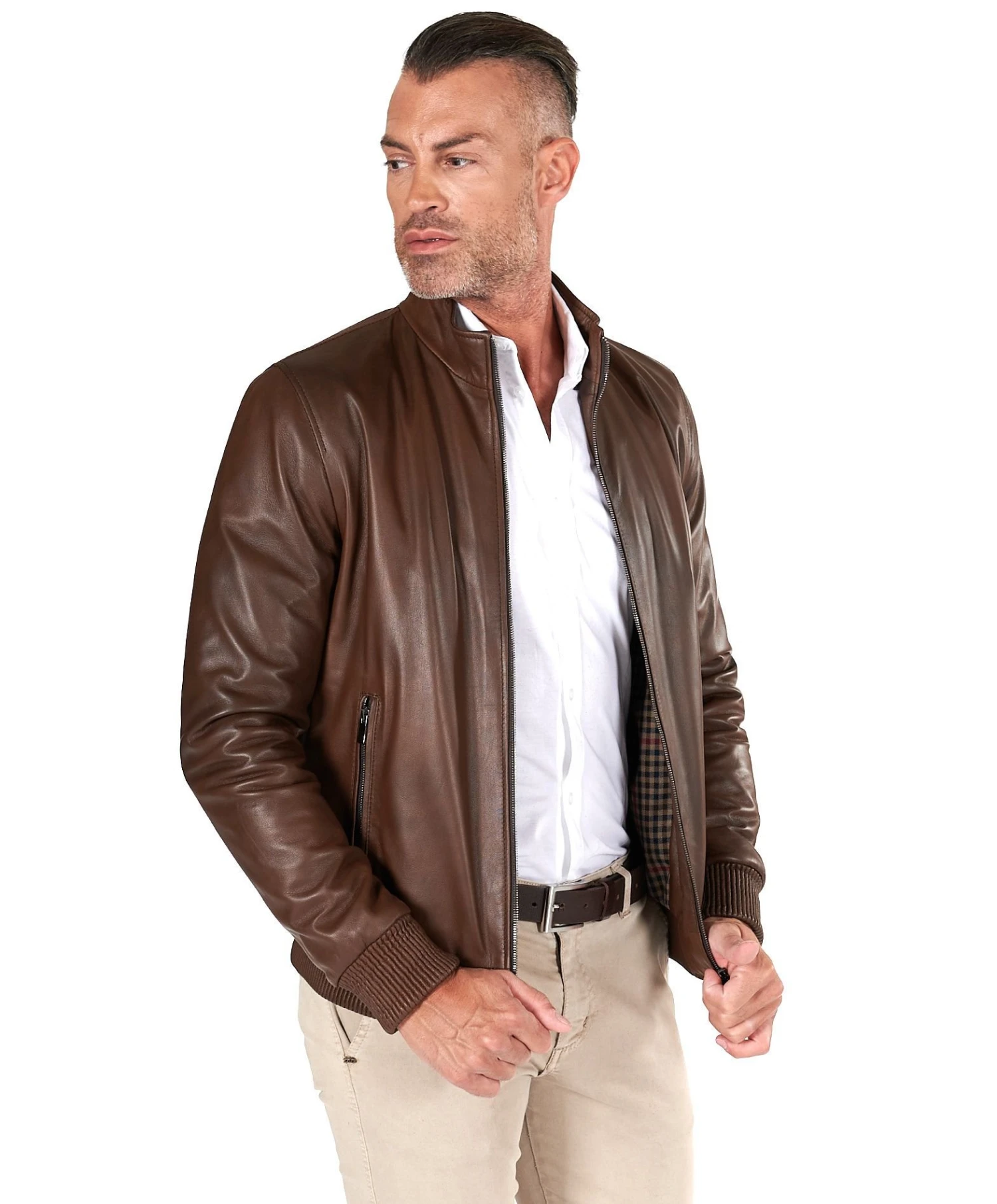 Bomberjacke Aus Braune Leder Mit Canne-Stickerei 2 Bomberjacke Aus Braune Leder Mit Canne-Stickerei – Bild 2