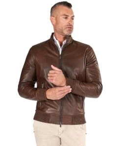 Bomberjacke Aus Braune Leder Mit Canne-Stickerei