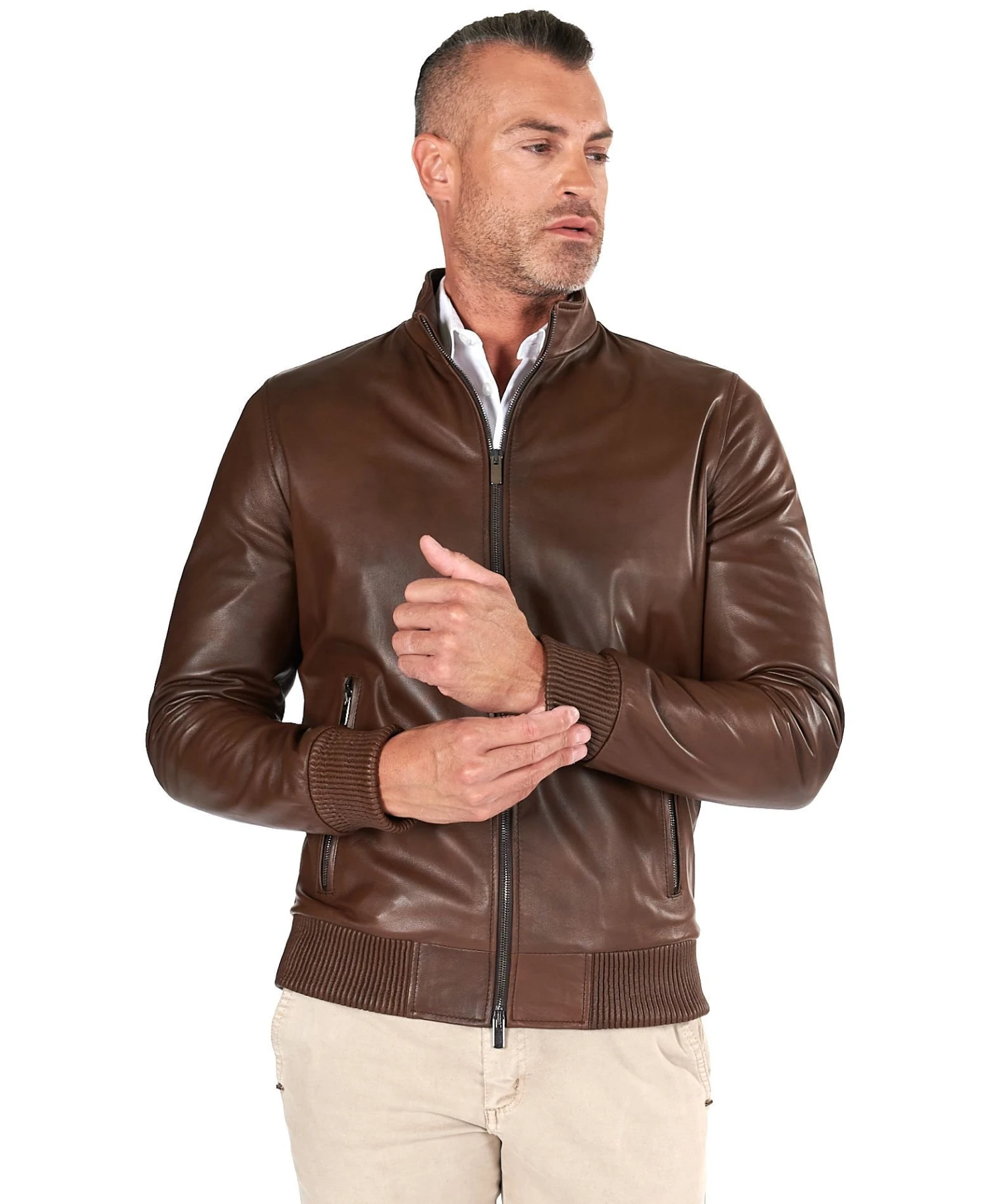 Bomberjacke Aus Braune Leder Mit Canne-Stickerei 1 Bomberjacke Aus Braune Leder Mit Canne-Stickerei