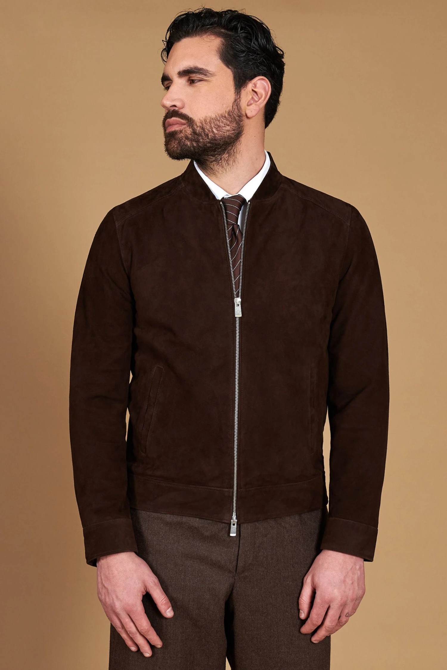 Dunkelraune Lederjacke Wildleder Mit Reißverschluss 5 Dunkelraune Lederjacke Wildleder Mit Reißverschluss – Bild 5