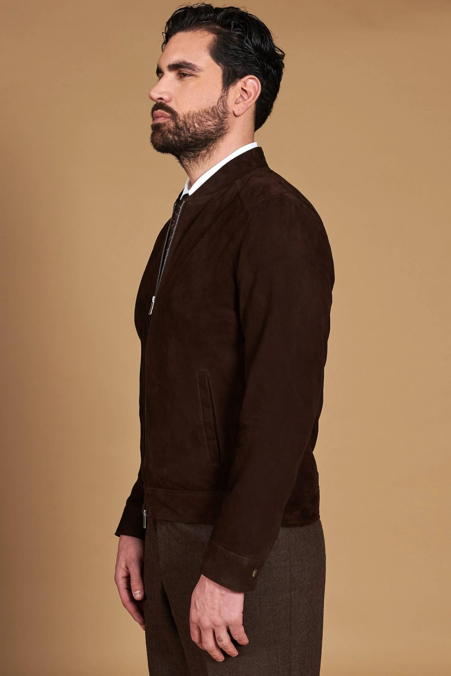 Dunkelraune Lederjacke Wildleder Mit Reißverschluss 9 Dunkelraune Lederjacke Wildleder Mit Reißverschluss – Bild 9