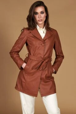 Lederfarben Ledermantel Mit Gürtel Glatte-Effekt