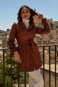 Lederfarben Ledermantel Mit Gürtel Glatte-Effekt -D’ARIENZO Verkäufe ledermantel damen trench lederfarben echtes leder Stefany 3