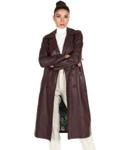 Burgunder Zweireihiger Ledermantel Mit Seitenschlitze