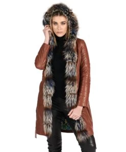 Lederfarben Natur-ledermantel Mit Pelzbesetzter Kapuze