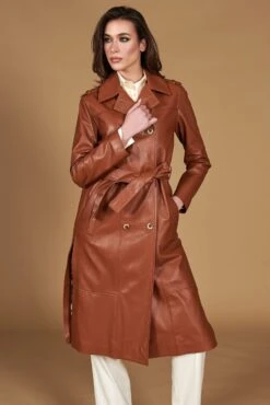 Lederfarben Zweireihiger Natur-ledermantel Mit Seitenschlitze