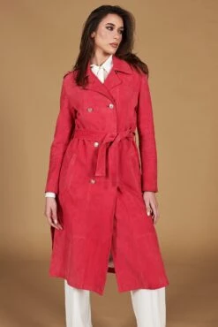 Fuchsia Zweireihiger Wildledermantel Mit Seitenschlitze