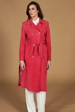 Fuchsia Zweireihiger Wildledermantel Mit Seitenschlitze -D’ARIENZO Verkäufe ledermantel fur frauen lange wildleder echtes leder fuchsia Hazel 3