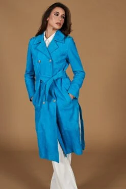 Türkisfarbene Zweireihiger Wildledermantel Mit Seitenschlitze