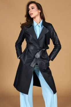 Dunkelblaue Nappa-ledermantel Mit Gürtel