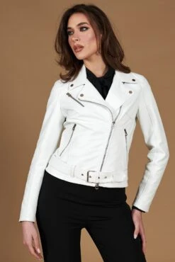 Chiodo Weiße Bikerjacke Aus Glattem Nappa Leder Mit Gürtel