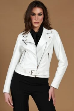 Chiodo Weiße Bikerjacke Aus Glattem Nappa Leder Mit Gürtel 22 Chiodo Weiße Bikerjacke Aus Glattem Nappa Leder Mit Gürtel -D’ARIENZO Verkäufe wei bikerjacke leder 5