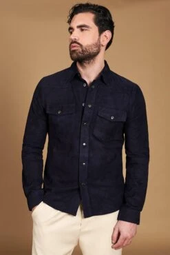 Blaue Ungefüttert Wildlederhemd Mit Knopfverschluss