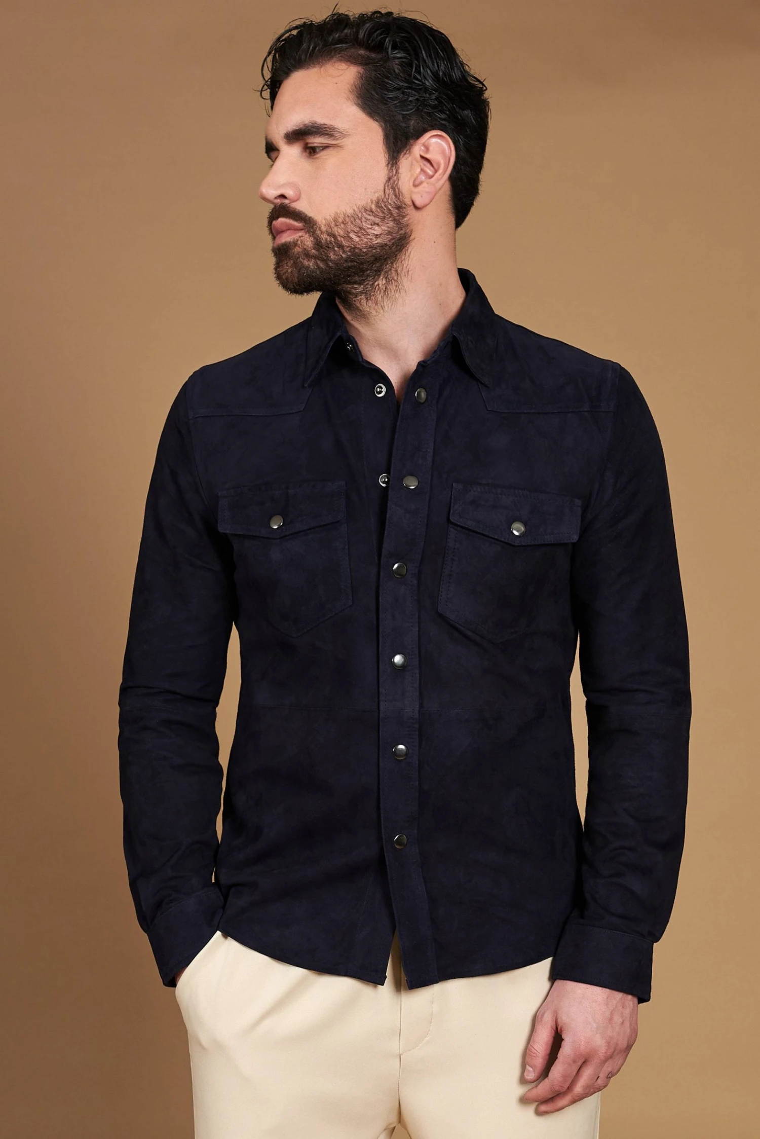 Blaue Ungefüttert Wildlederhemd Mit Knopfverschluss 4 Blaue Ungefüttert Wildlederhemd Mit Knopfverschluss – Bild 4