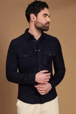 Blaue Ungefüttert Wildlederhemd Mit Knopfverschluss 14 Blaue Ungefüttert Wildlederhemd Mit Knopfverschluss -D’ARIENZO Verkäufe wildlederhemd herren echtes leder blaue Calvin 4