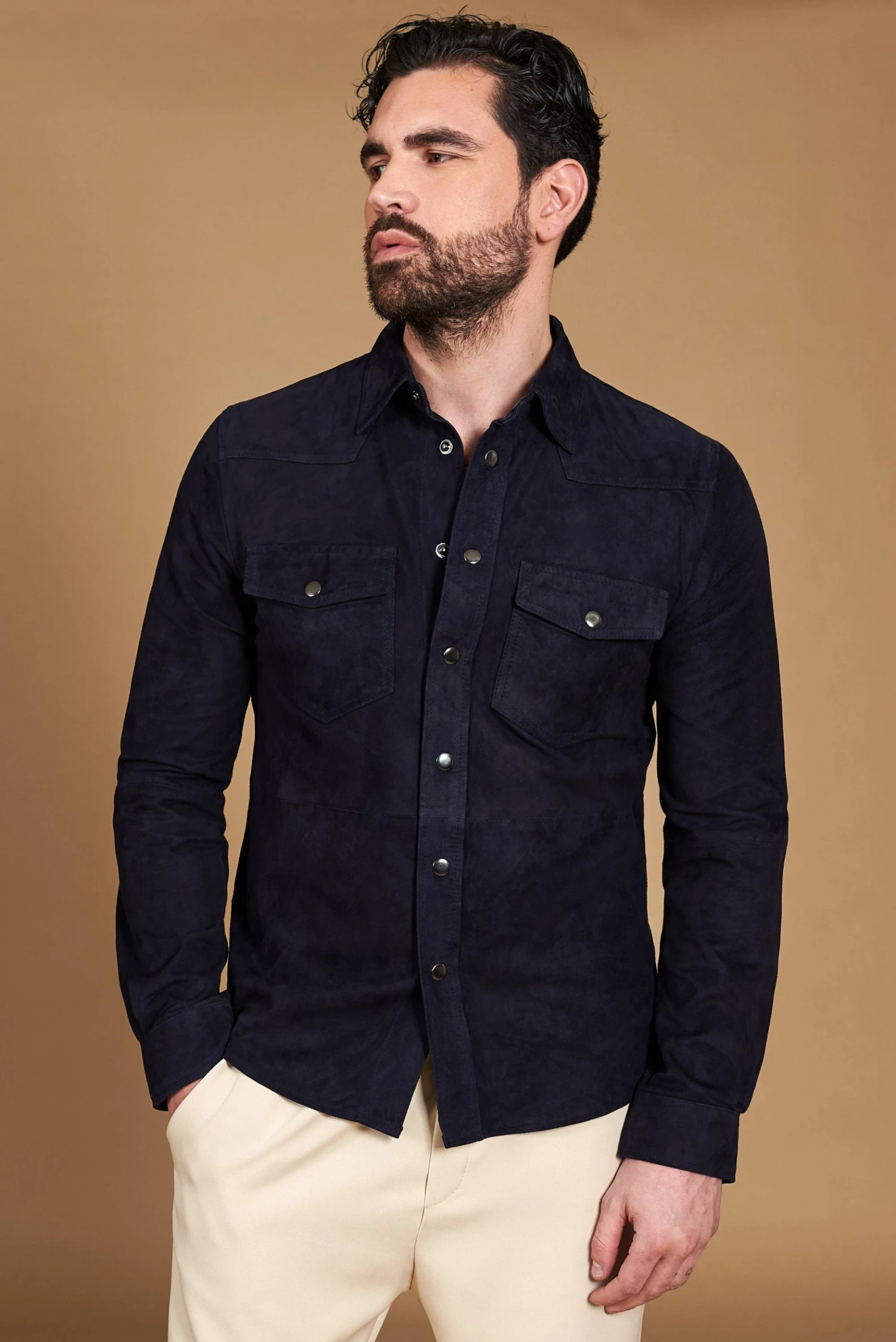 Blaue Ungefüttert Wildlederhemd Mit Knopfverschluss 1 Blaue Ungefüttert Wildlederhemd Mit Knopfverschluss