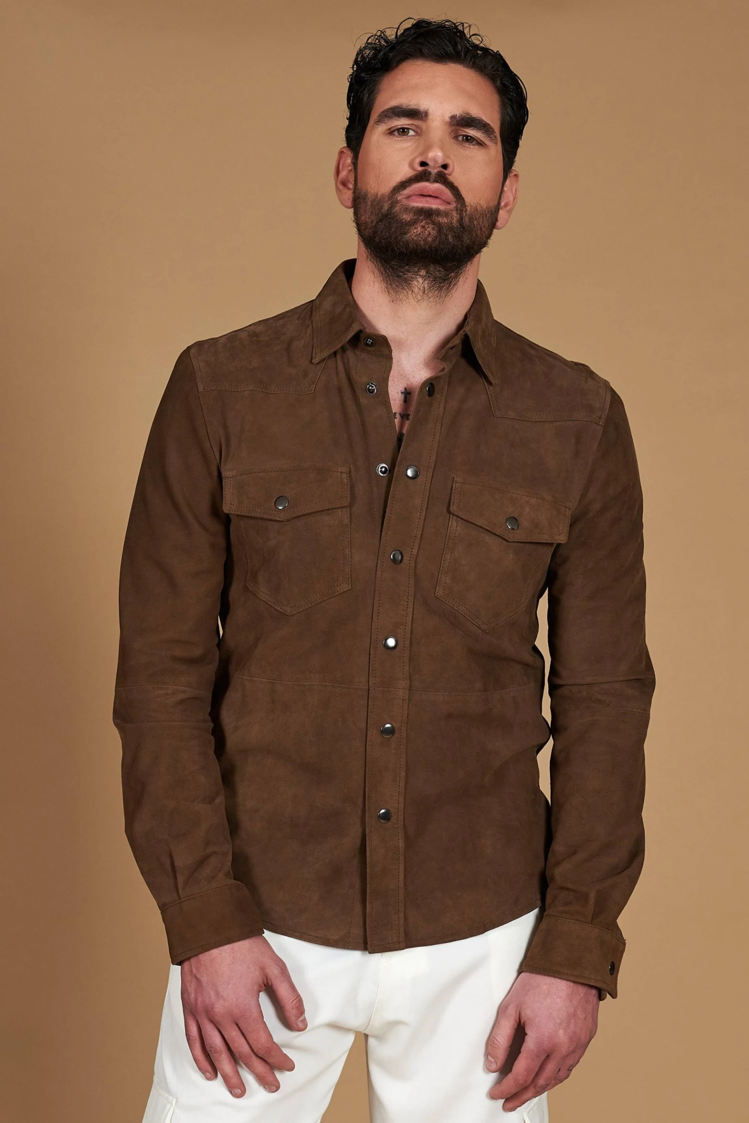 Taupe Ungefüttert Wildlederhemd Mit Knopfverschluss 4 Taupe Ungefüttert Wildlederhemd Mit Knopfverschluss – Bild 4