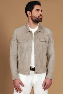 Graue Ungefütterte Wildlederjacke Mit Hemdkragen