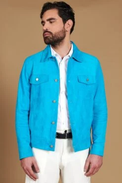 Türkisfarbene Wildlederjacke Bikerlederjacke Mit Knöpfen Und Hemdkragen